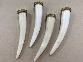 On SALE 5 Pcs Bone Horn Tusk tooth Pendant with Brass Cap Antique ivory Extra Large 4 Inch - TP120-5 - BeadPrism