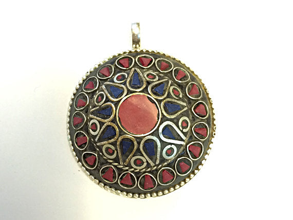 Tibetan Pendant Lapis Coral inlay 2 Inch Silver Plated - Large TP10 - BeadPrism