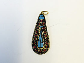 Tibetan Drop Pendant Turquoise Coral Inlay 1.75 Inch Gold Brass Plated - TP17 - BeadPrism