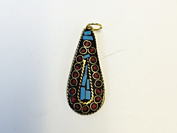 Tibetan Drop Pendant Turquoise Coral Inlay 1.75 Inch Gold Brass Plated - TP17 - BeadPrism