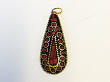 Load image into Gallery viewer, Tibetan Drop Pendant  Coral Inlay 1.75 Inch Gold Brass Plated - TP18 - BeadPrism
