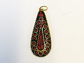Tibetan Drop Pendant  Coral Inlay 1.75 Inch Gold Brass Plated - TP18 - BeadPrism