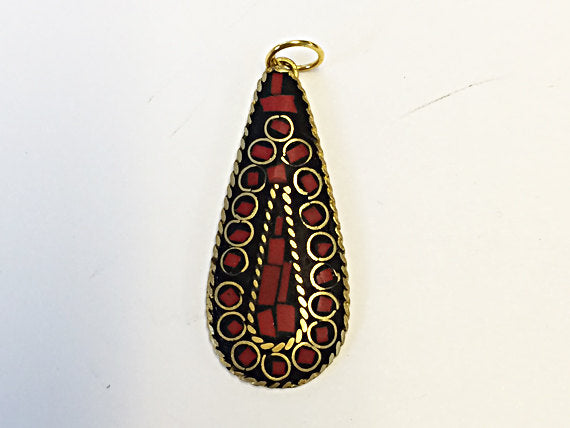 Tibetan Drop Pendant  Coral Inlay 1.75 Inch Gold Brass Plated - TP18 - BeadPrism