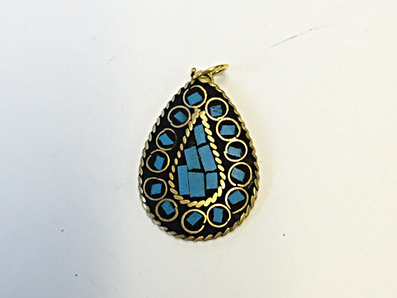 Tibetan Drop Pendant  Turquoise  Inlay 1.25 Inch Gold Brass Plated - TP19 - BeadPrism