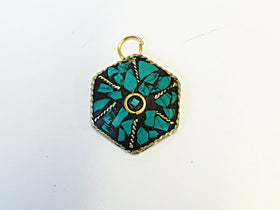 Tibetan Hexagon Pendant  Green Malachite Inlay 1 Inch Gold Brass Plated - TP21 - BeadPrism