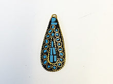 Load image into Gallery viewer, Tibetan Drop Pendant Turquoise Inlay 1.75 Inch Gold Brass Plated - TP17 - BeadPrism