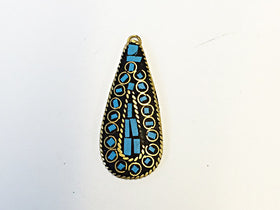 Tibetan Drop Pendant Turquoise Inlay 1.75 Inch Gold Brass Plated - TP17 - BeadPrism