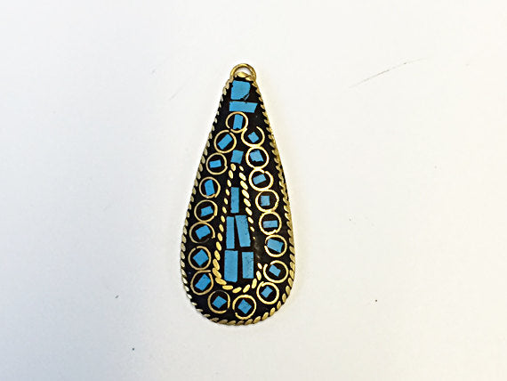 Tibetan Drop Pendant Turquoise Inlay 1.75 Inch Gold Brass Plated - TP17 - BeadPrism