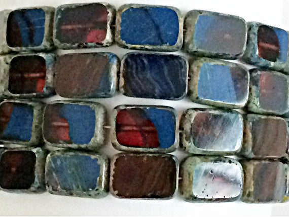 15 Pcs Czech Glass Rectangle Beads Blue Red Glass Bead Picasso 12 x 8mm czech glass beads - CZB167 - BeadPrism