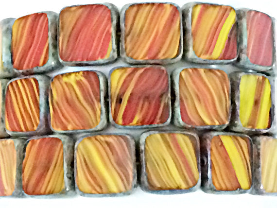 Orange Yellow Glass Bead, Picasso, Czech Square  Beads 9mm, 15 Pcs - CZB045 - BeadPrism