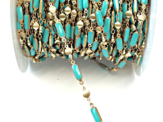 Turquoise Enameled Rectangle Bars Station Chain Brass Beaded Bohemian Chain by foot Vintage - CH153 - BeadPrism
