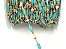 Load image into Gallery viewer, Turquoise Enameled Rectangle Bars Station Chain Brass Beaded Bohemian Chain by foot Vintage - CH153 - BeadPrism