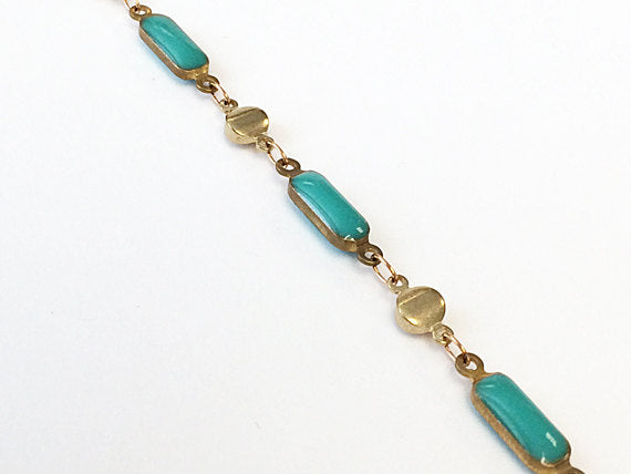 Turquoise Enameled Rectangle Bars Station Chain Brass Beaded Bohemian Chain by foot Vintage - CH153 - BeadPrism