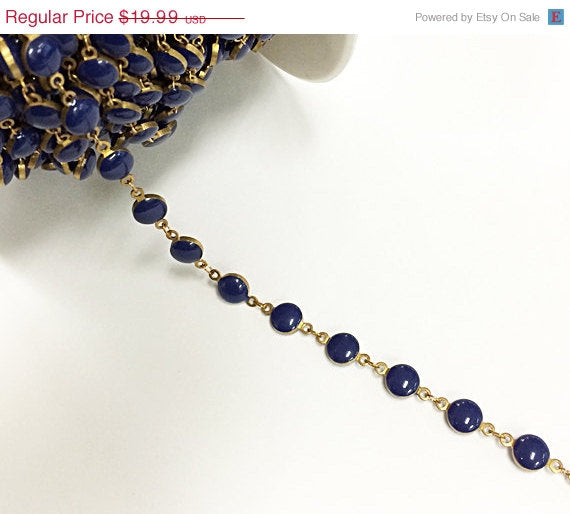 3 Ft Vintage Lapis Blue Enameled Station Chain Brass Beaded Bohemian Gold Rosary Chain by Ft - Ch139 - BeadPrism