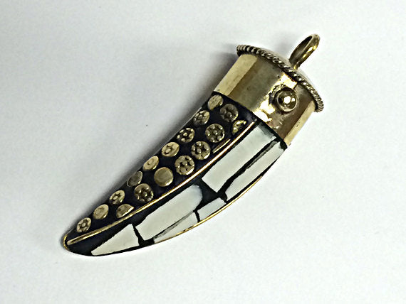 Tibetan Horn Pendant, White Cream Ivory Inlay, flower dotted brass design, Amulet pendant. - AP100W - BeadPrism