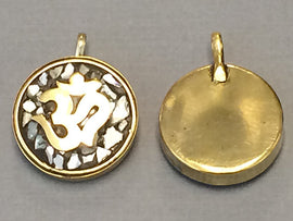 Tibetan Om Ohm Pendant, Brass and Mother of Pearl, Yoga Pendant - AP103-MOP - BeadPrism