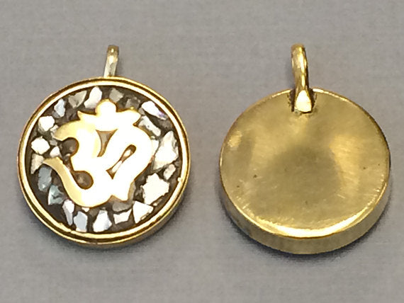 5 Pc Tibetan Om Ohm Pendant, Brass and Mother of Pearl, Yoga Pendant - AP103-MOP-5 - BeadPrism
