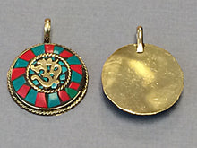 Load image into Gallery viewer, Tibetan Om Ohm Pendant, Brass Turquoise Coral Inlay, Yoga Pendant - AP110-TR - BeadPrism