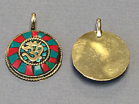 Tibetan Om Ohm Pendant, Brass Turquoise Coral Inlay, Yoga Pendant - AP110-TR - BeadPrism