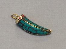 Load image into Gallery viewer, Tibetan Horn Pendant, Turquoise Blue Mosiac Inlay, 1.5 Inch, Small Amulet pendant. - AP107-T - BeadPrism