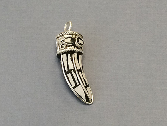 Tibetan Horn Pendant, Ivory white Mosiac and silver Inlay, 1.5 Inch, Small Amulet pendant - AP113-WS - BeadPrism