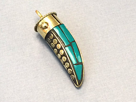 Tibetan Turquoise Horn Pendant Blue Mosiac Inlay, flower dotted brass design Amulet pendant - AP100T - BeadPrism