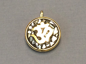 Tibetan Om Ohm Pendant, Brass and Mother of Pearl, Yoga Pendant - AP103-MOP - BeadPrism