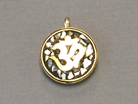 Tibetan Om Ohm Pendant, Brass and Mother of Pearl, Yoga Pendant - AP103-MOP - BeadPrism