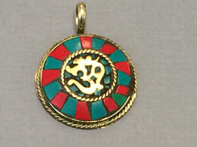 Tibetan Om Ohm Pendant, Brass Turquoise Coral Inlay, Yoga Pendant - AP110-TR - BeadPrism
