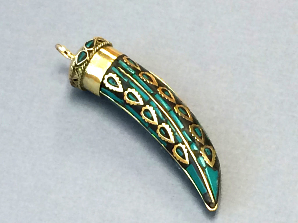 Turquoise and Gold Tibetan Mosiac Brass Horn Tusk  Amulet Pendant Large 3.5 Inch - AP104-T - BeadPrism