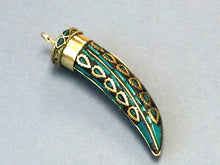 Load image into Gallery viewer, Turquoise and Gold Tibetan Mosiac Brass Horn Tusk  Amulet Pendant Large 3.5 Inch - AP104-T - BeadPrism