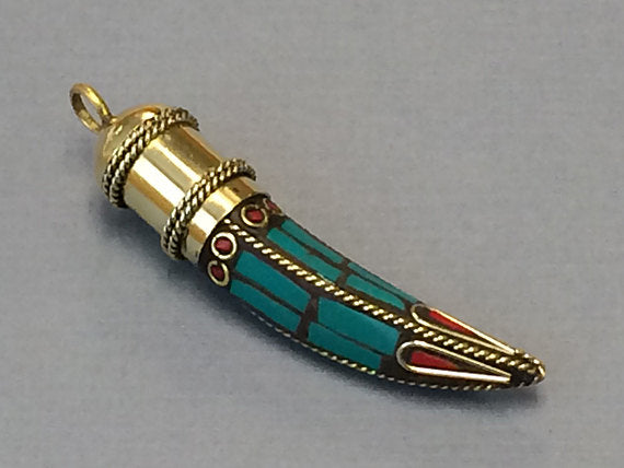 Tibetan Horn Tusk Pendant, Turquoise Blue and Red Coral Inlay, Amulet pendant. - AP103TR - BeadPrism