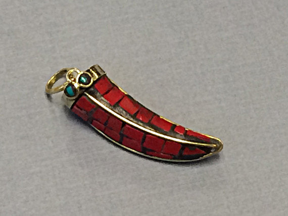 Tibetan Horn Pendant, Coral Red Mosiac Inlay, 1.5 Inch, Small Amulet pendant. - AP107-R - BeadPrism