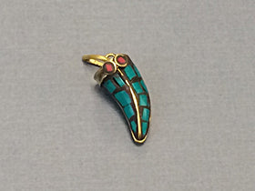 Petite Tibetan Horn Pendant, Turquoise Blue Mosiac Inlay, 1 Inch, Small Amulet pendant. - AP109-T - BeadPrism