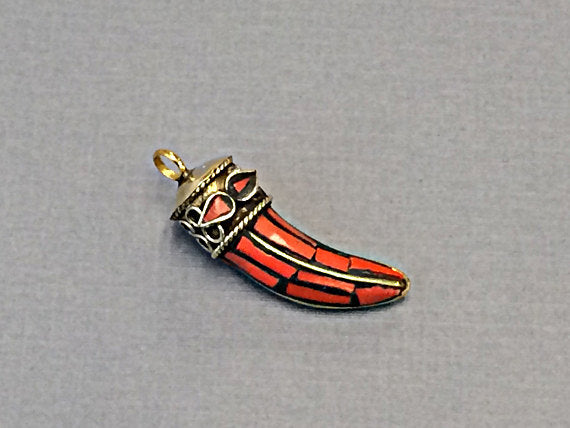 Tibetan Horn Pendant, Coral Red  Mosiac and Brass Inlay, 1.5 Inch, Small Amulet pendant. - AP113-C - BeadPrism