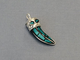 Tibetan Horn Pendant, Turquoise Blue Mosiac and silver  Inlay, 1.5 Inch, - AP113-TS - BeadPrism