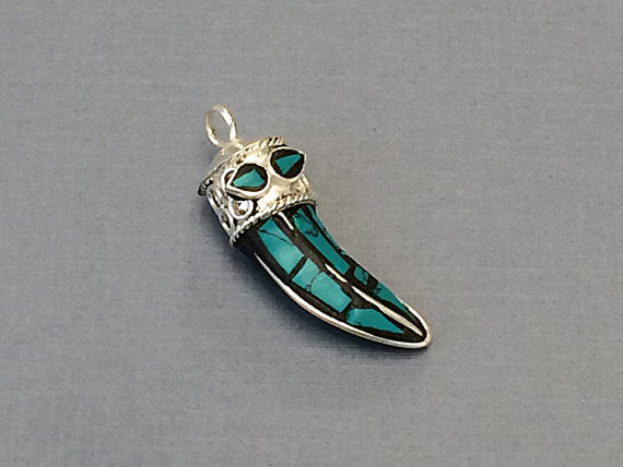 Tibetan Horn Pendant, Turquoise Blue Mosiac and silver  Inlay, 1.5 Inch, - AP113-TS - BeadPrism