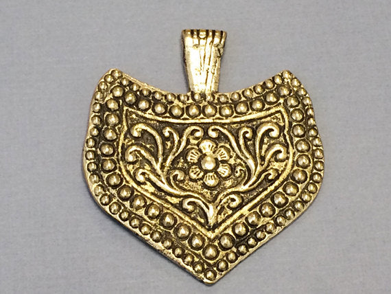 Indian Brass Pendant, Antique Flower Design Shield Shape Ethic Tribal Amulet Large 2.5" - AP111 - BeadPrism