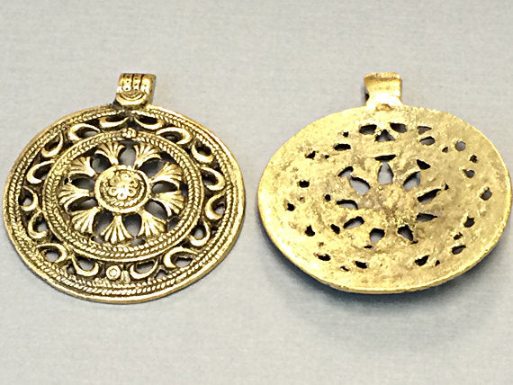 Antique Round Cut work Design Ethnic, Tribal, Brass Pendant, 2.25 Inch - AP118 - BeadPrism