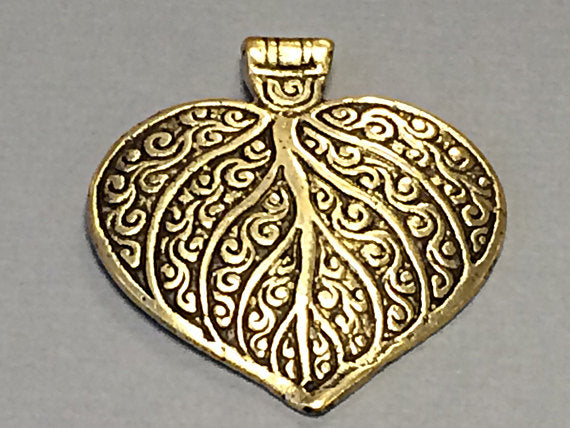 Indian Brass Pendant - Antique Leaf Design Ethic, Tribal, Amulet, Vintage- Large 2.5 Inch - AP121 - BeadPrism