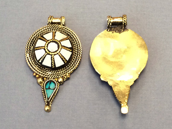 Weekly Sale Tibetan Pendant White and Turquoise Inlay 2.5 inch Antique  Brass Plated - AP115_W - BeadPrism