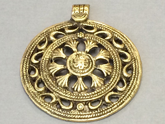 Antique Round Cut work Design Ethnic, Tribal, Brass Pendant, 2.25 Inch - AP118 - BeadPrism