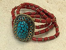 Load image into Gallery viewer, Tibetan Bracelet Turquoise Lapis Inlay Coral Red Beads 2.5 inch Center piece- TB101 - BeadPrism