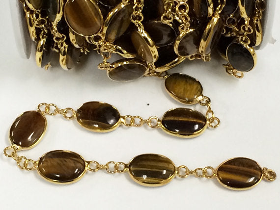 1Ft Tigereye Bezel Connector Gemstone Chain - 9 bezels/ft - Gold Plated Rosary Chain By Foot - CH157 - BeadPrism