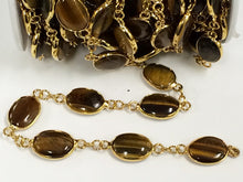 Load image into Gallery viewer, 1Ft Tigereye Bezel Connector Gemstone Chain - 9 bezels/ft - Gold Plated Rosary Chain By Foot - CH157 - BeadPrism