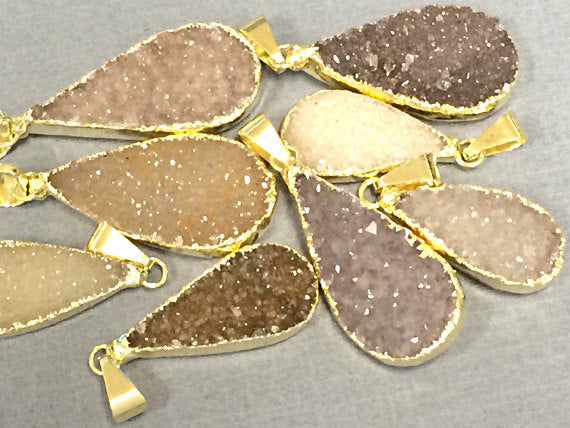 Druzy Teardrop Pendant, Natural Uruguay Amethyst 28mm, 24K gold plated edged all around - DP19-19 - BeadPrism