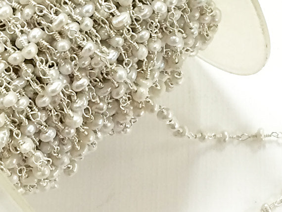 1 Feet Freshwater Pearl 3mm Faceted Gemstone Silver Plated Wire Wrapped Chain By Foot - CHGS-FWPSP - BeadPrism