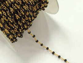 50 Feet Spool Black Spinel 3mm Faceted Gemstone Gold Plated Wire Wrapped Chain By Foot - CHGS-Bs - BeadPrism