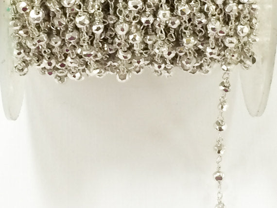 3 Feet BULK Spool Silver Plated Pyrite 3mm Faceted Gemstone Wire Wrapped Chain By Foot - CHGS-Spsp - BeadPrism