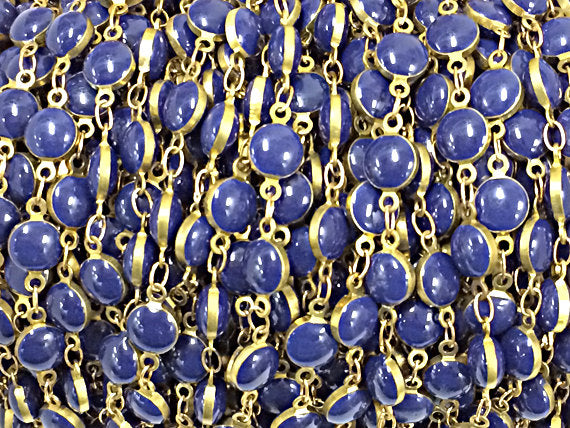 10 Feet Vintage Lapis Blue Enameled Station Brass Beaded Bohemian Chain - CH139-LA - BeadPrism